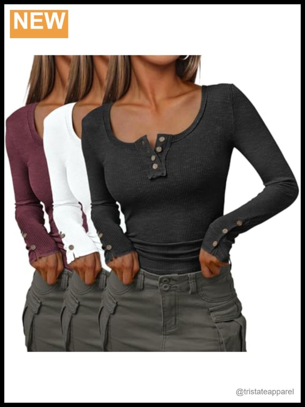 3 Pack Ribbed Henley Long Sleeve Shirts Fall Tops